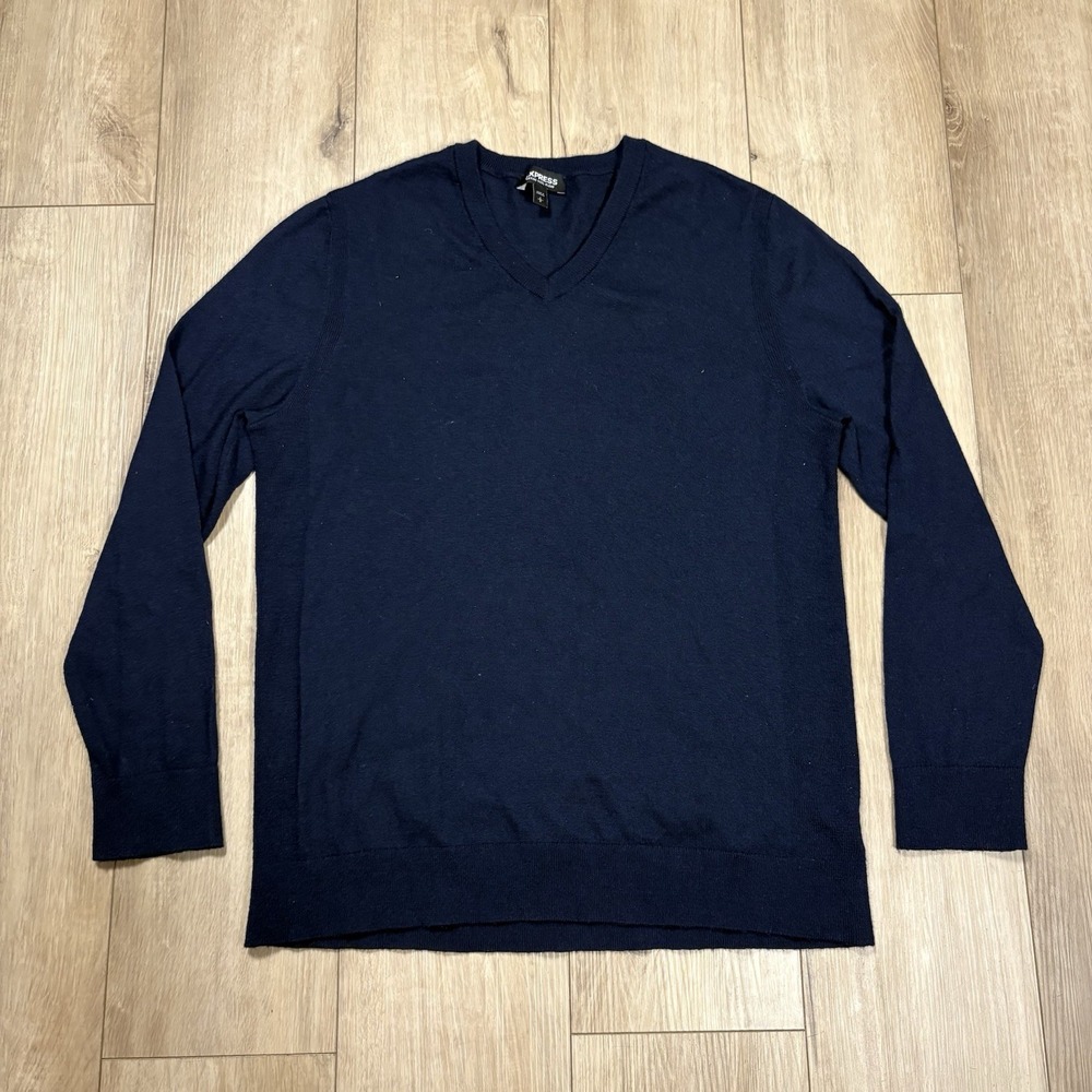 Express Merino Wool Blend V-Neck Sweater Pullover Blue Large L Minimalist
